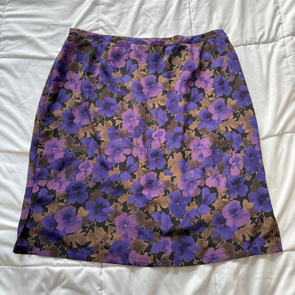 Vintage 80s 90s Notations Purple Floral Midi Skirt Womens 2X Workwear Whimsigoth